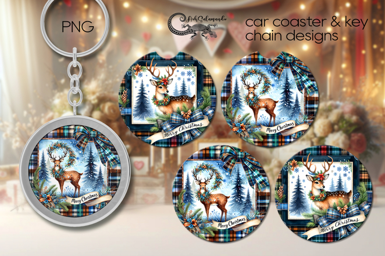 Christmas deer | vintage Car coaster & key chain designs P