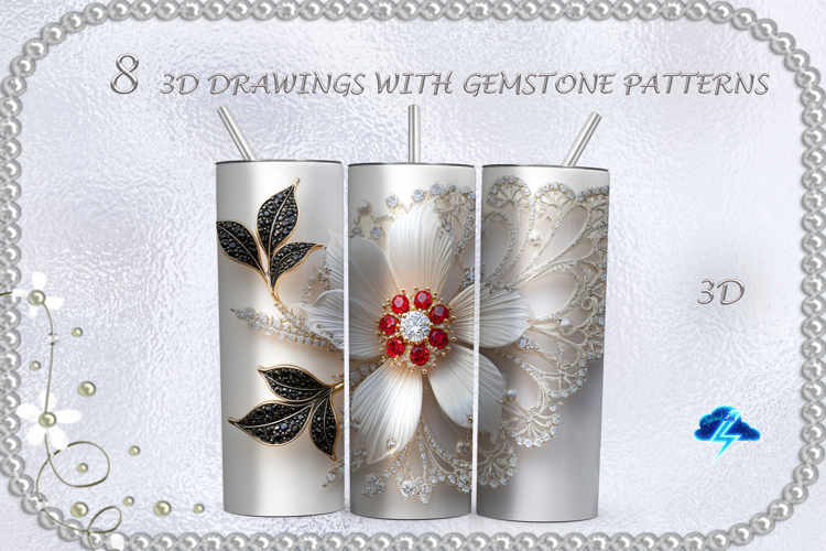 Skinny tumbler | 8 3D drawings with gemstone patterns, JPG