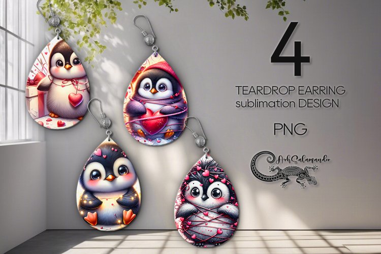 Valentine penguin | sublimation teardrop earring design PL