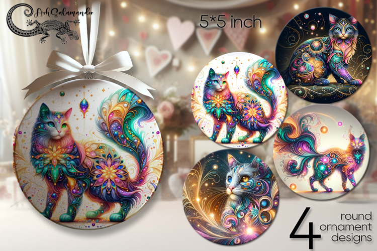 Fantasy Cats | 4 round ornaments sublimation designs P