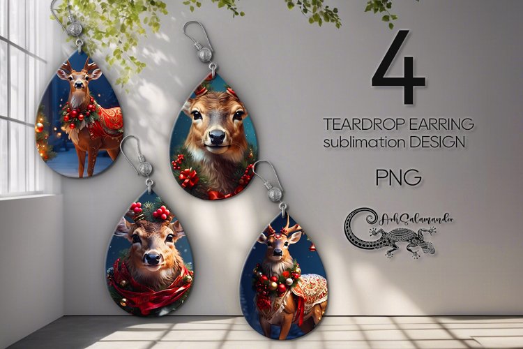 Christmas Deer | Teardrop earring Sublimation design PLUS example image 1