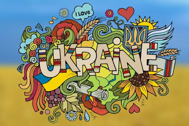 UKRAINE Cartoon Colorful & Contour Doodle Illustration