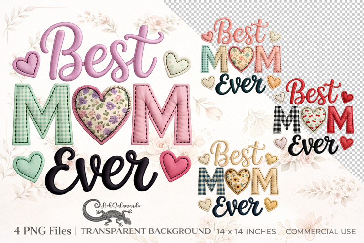 Best Mom Ever Patchwork Applique Clipart | 4 PNG sublimation