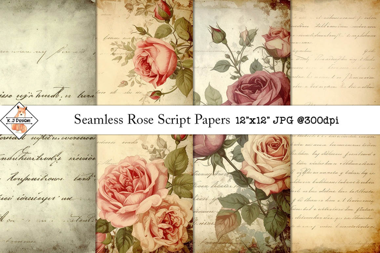Vintage Script Rose Background Digital Papers