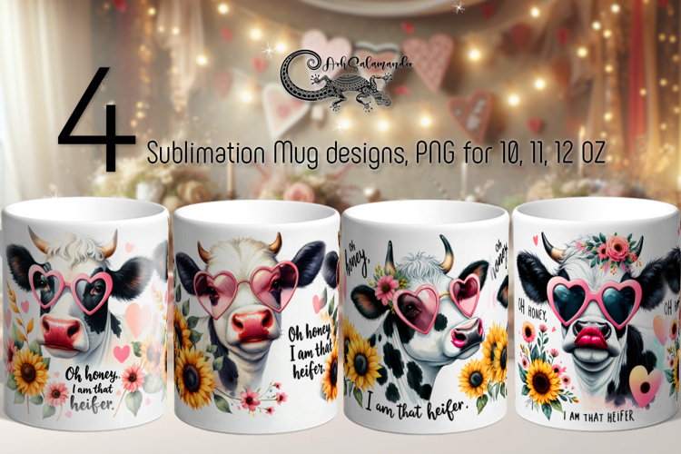 Cow & flowers | 4 Mug watercolor sublimation designs