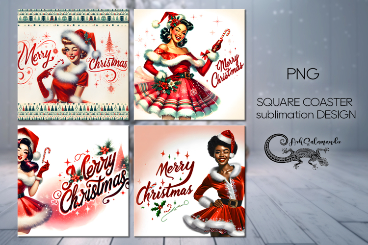 Christmas Pin up Girl | 4 square coaster sublimation designs