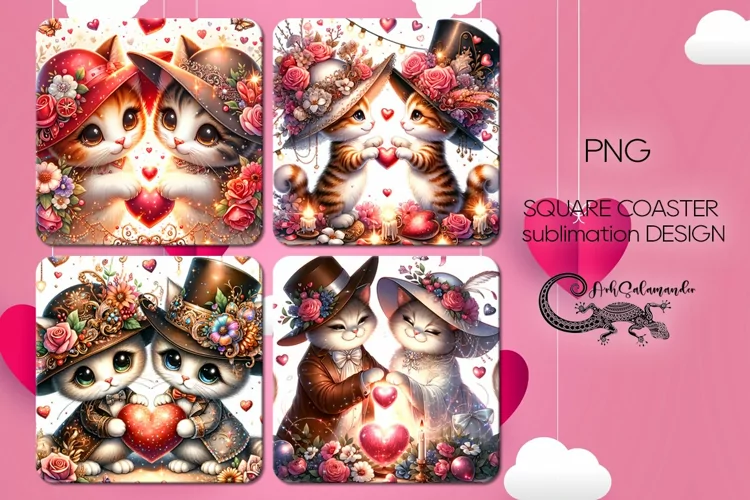 Love cat | valentine square coaster sublimation design