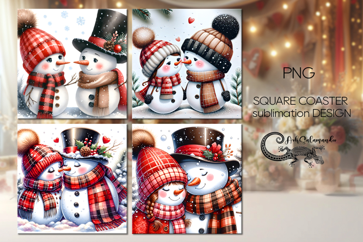 Cute Snowman | 4 winter square coaster sublimation designs