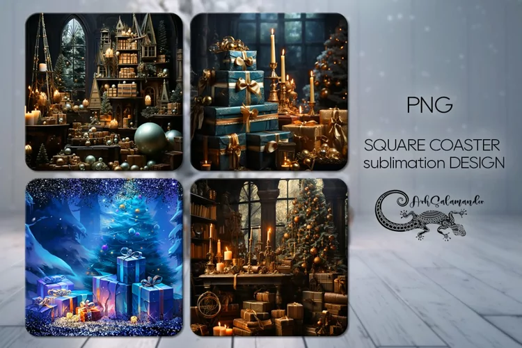 Christmas tree | 4 square coaster sublimation designs PLUS