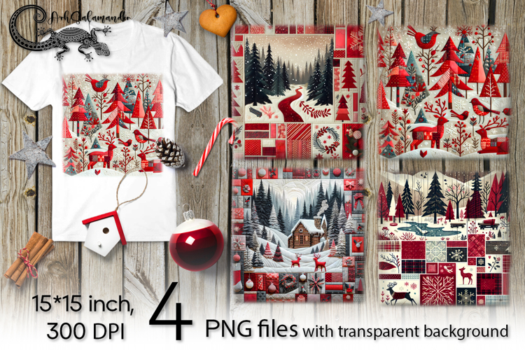 Christmas patchwork landscape | 4 PNG Sublimation designs