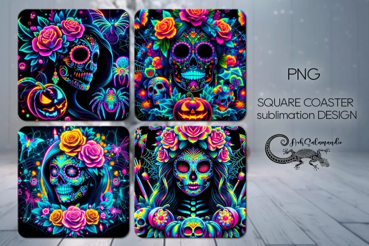 Neon Skulls | 4 Halloween square coaster sublimation