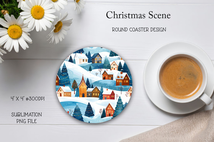 Christmas Scene Round Coaster Sublimation Design