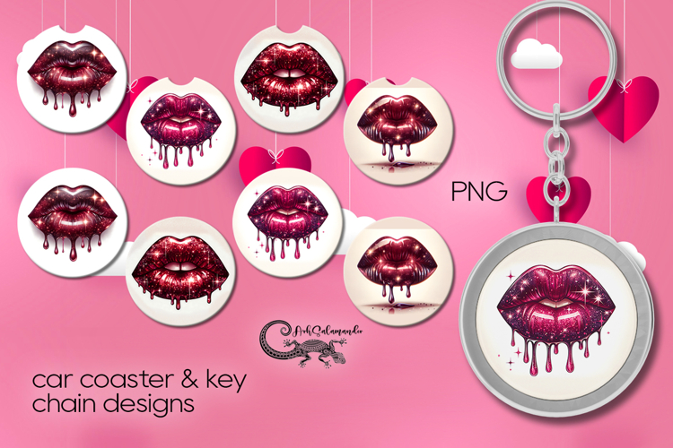 Valentine lips | 4 Car coaster & 4 key chain designs P