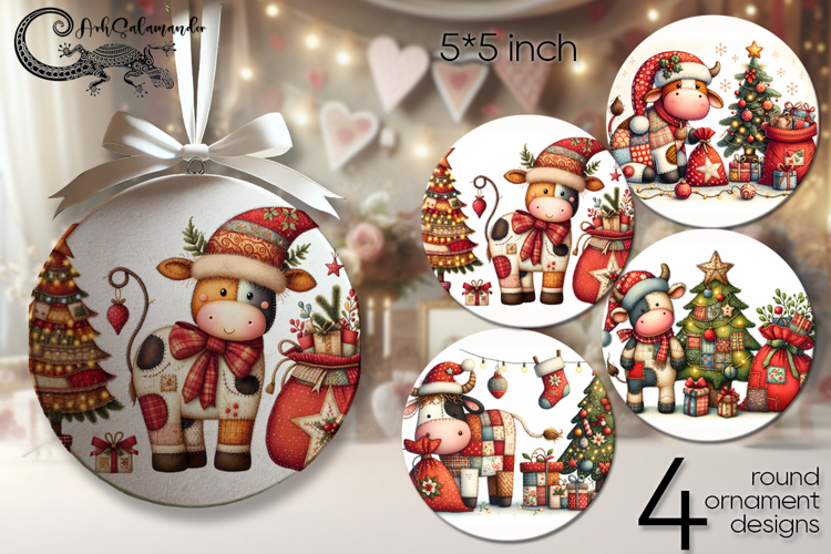 Christmas patchwork | 4 retro Round ornaments sublimation P