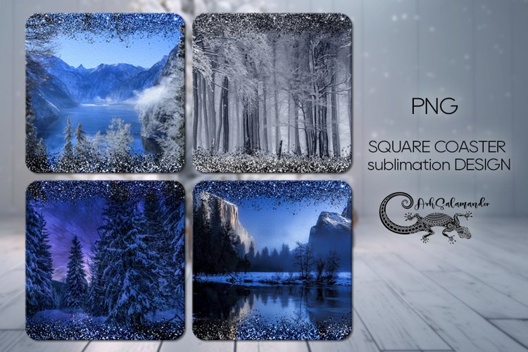 Christmas landscape | 4 square coaster sublimation designs P example image 1