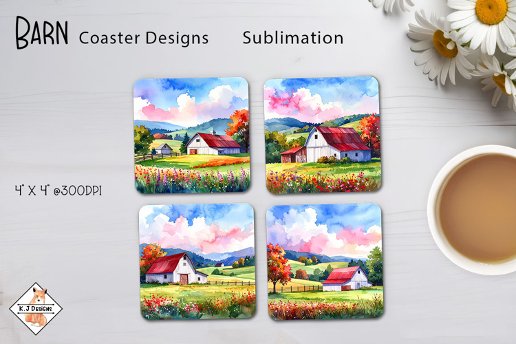 Watercolor Barn Scenes Coaster Design Sublimation