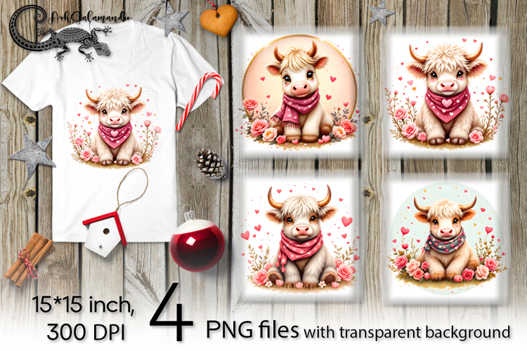 Valentine cow | 4 PNG Sublimation designs