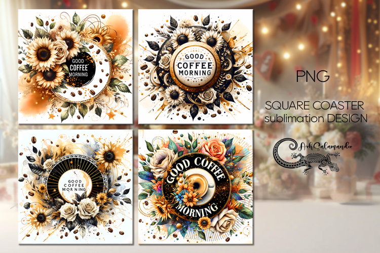 Coffee & flowers | 4 square coaster sublimation designs PL