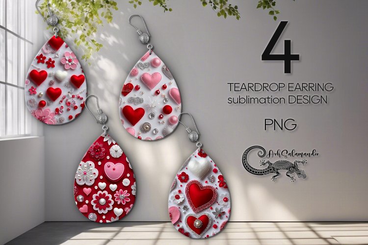 3d Hearts Valentine Sublimation | 4 teardrop earring design example image 1