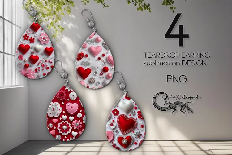 3d Hearts Valentine Sublimation | 4 teardrop earring design