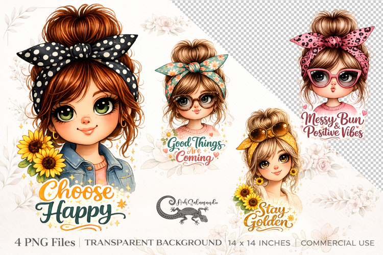 Messy Bun Girl Positive Quotes | 4 PNG sublimation designs