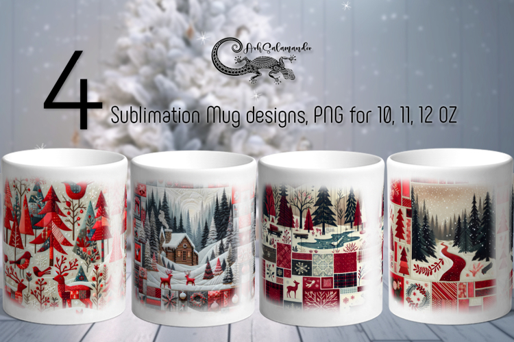 Christmas patchwork landscape | 4 Sublimation Mug designs