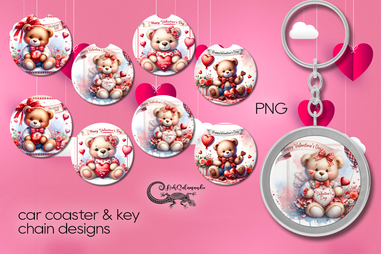 Valentine teddy bear | 4 car coaster & 4 key chain designs