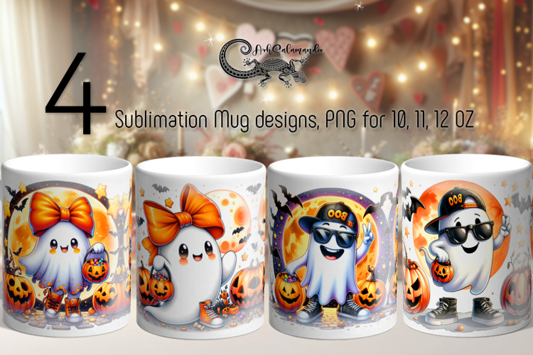 Funny ghost | 4 Cute Halloween Sublimation Mug designs PLUS