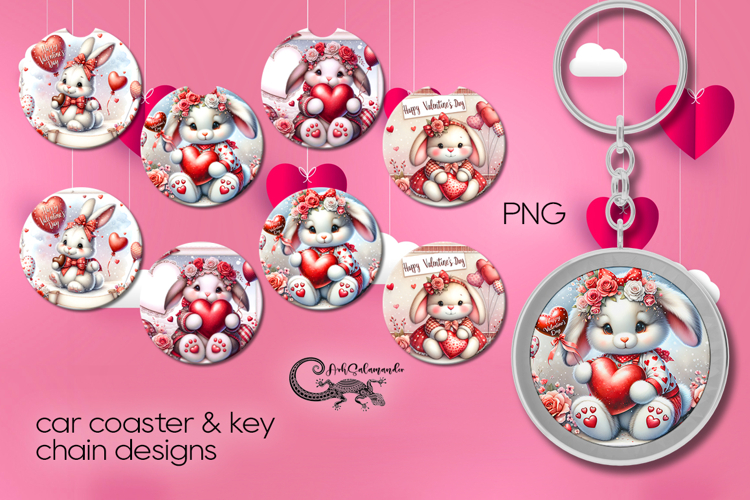 Valentine Rabbit | love 4 car coaster & 4 key chain designs