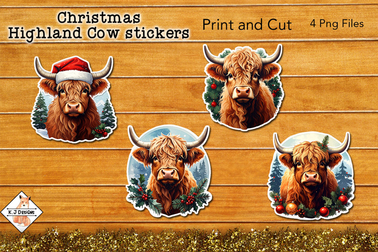 Christmas Highland Cow Stickers | Print and Cut