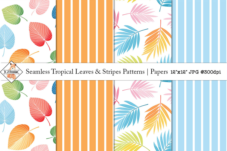 Seamless Tropical Leaves & Stripes Patterns | Digital Papers