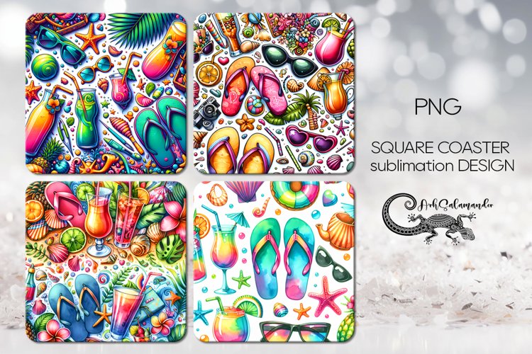 Beach life | 4 square coaster sublimation designs PLUS example image 1