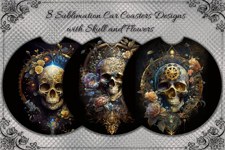 Car Coasters | 8 Car Coasters with Skull and flowers, PNG