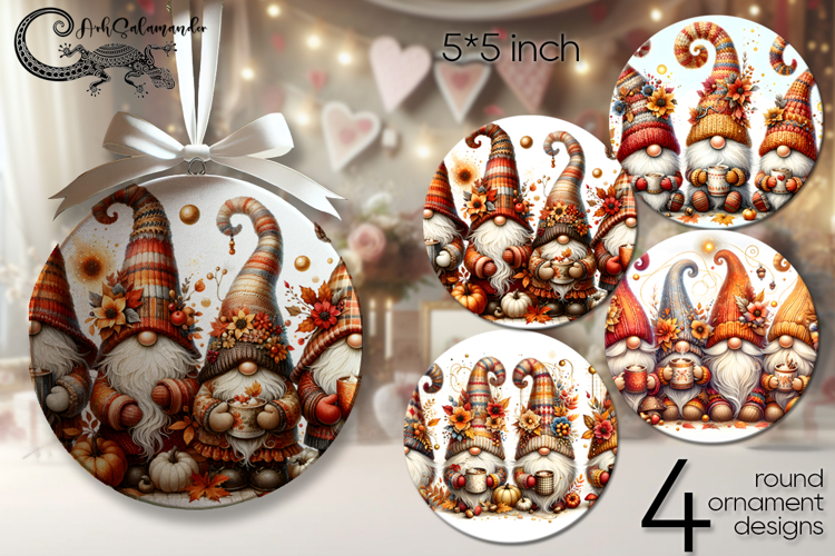 Autumn gnome | 4 fall Round ornament sublimation designs PL