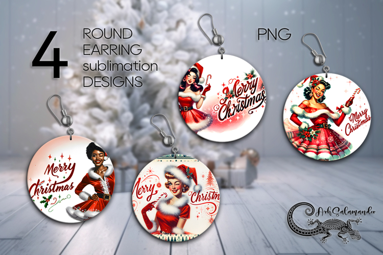 Christmas Pin up Girl | 4 xmas Round earring Sublimation