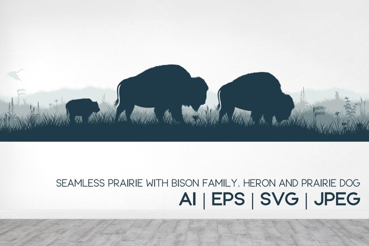 seamless vector prairie with bisons, heron and prairie dog