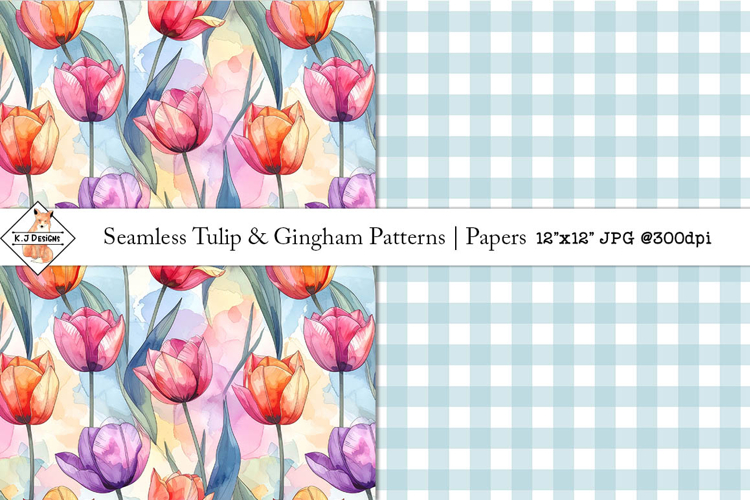 Seamless abstract tulips and gingham patterns