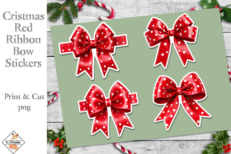 Christmas Red Ribbon Bow Stickers | Print and Cut