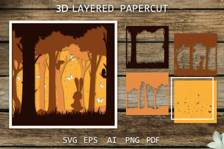 Layered papercut Forest with rabbit, Paper cut 3D Forest SVG