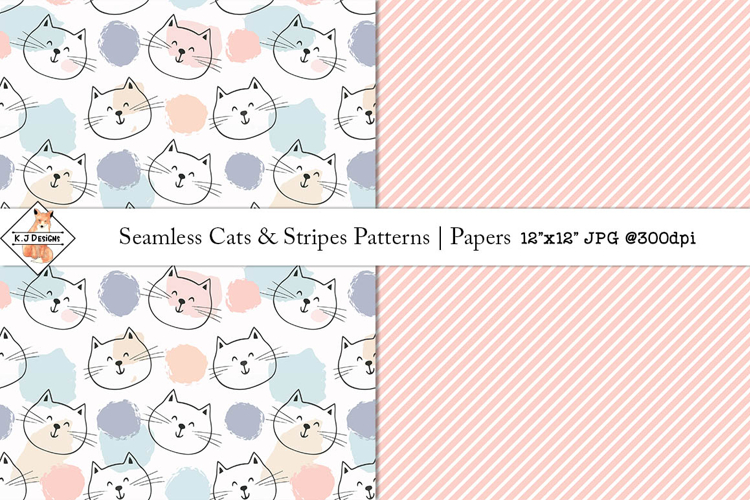 Seamless Cats & Stripes Patterns | Digital Papers