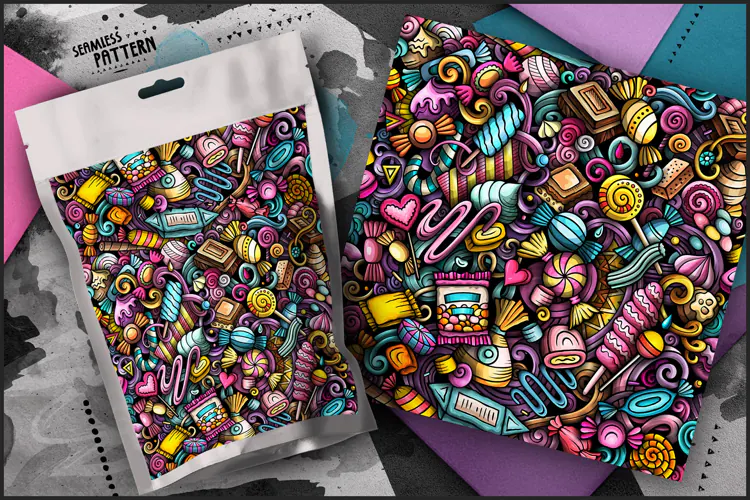 Candies Cartoon Seamless Pattern | Doodle Background