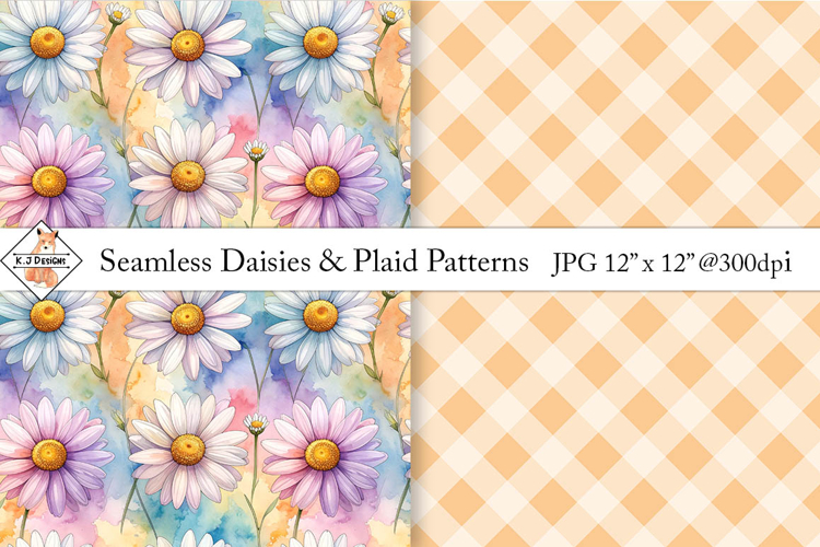 Seamless daisy and plaid patterns | Digital papers