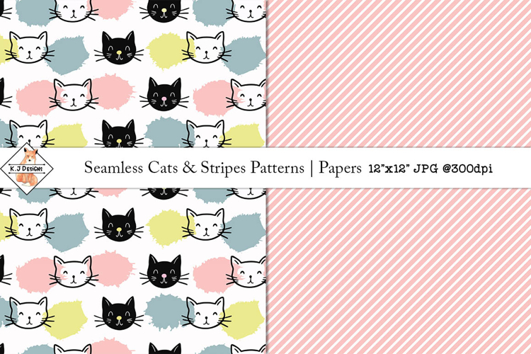 Seamless Cats & Stripes Patterns | Digital Papers