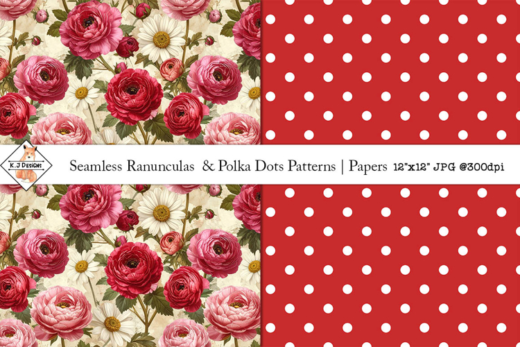Seamless Ranunculus & Polka Dot Patterns | Digital Papers