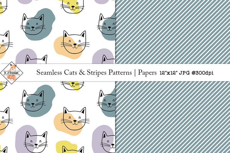 Seamless Cats & Stripes Patterns | Digital Papers