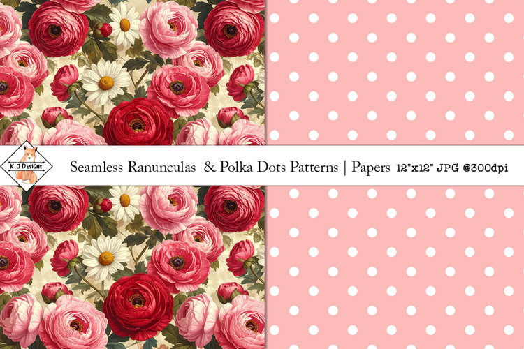 Seamless Ranunculus & Polka Dot Patterns | Digital Papers