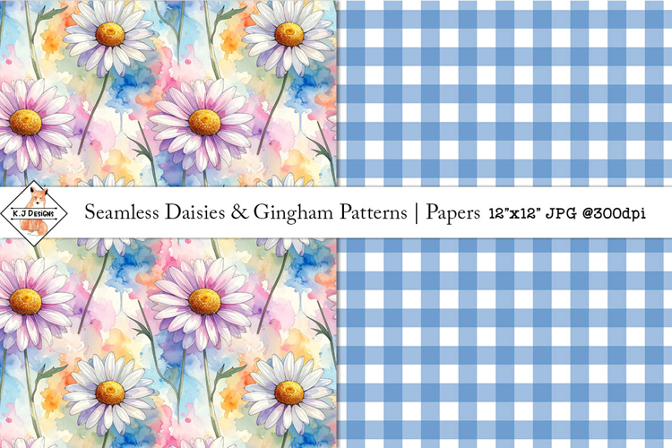 Seamless abstract daisy and gingham patterns
