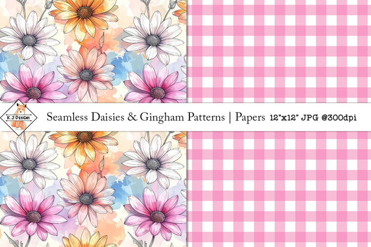Seamless abstract daisy and gingham patterns