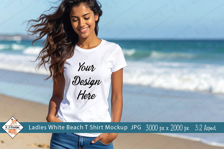 Ladies White Beach T Shirt Mockup jpg