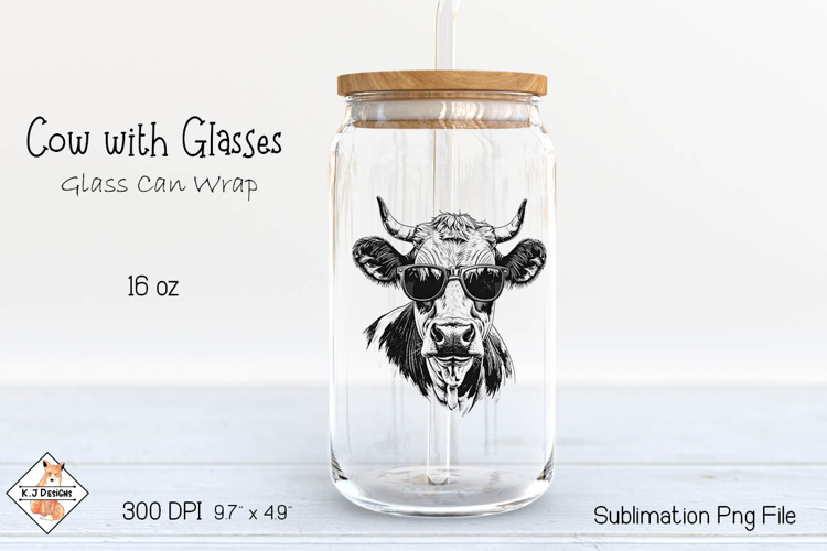 Cow with Glasses Glass Can Wrap Sublimation Design